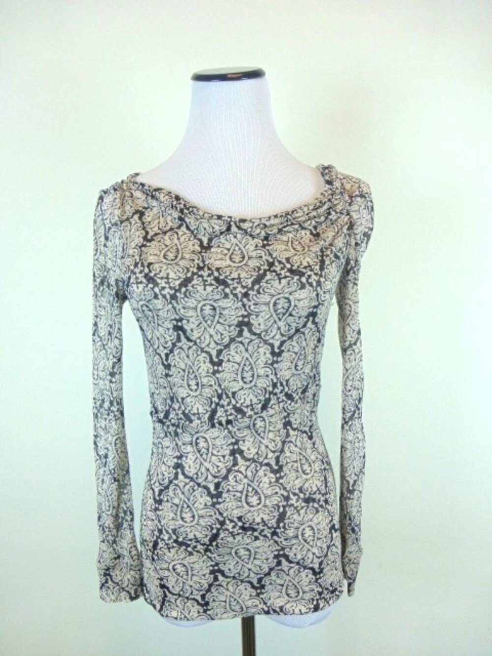 DVF silk mesh top stretch black white long sleeve FLORAL print ruched M